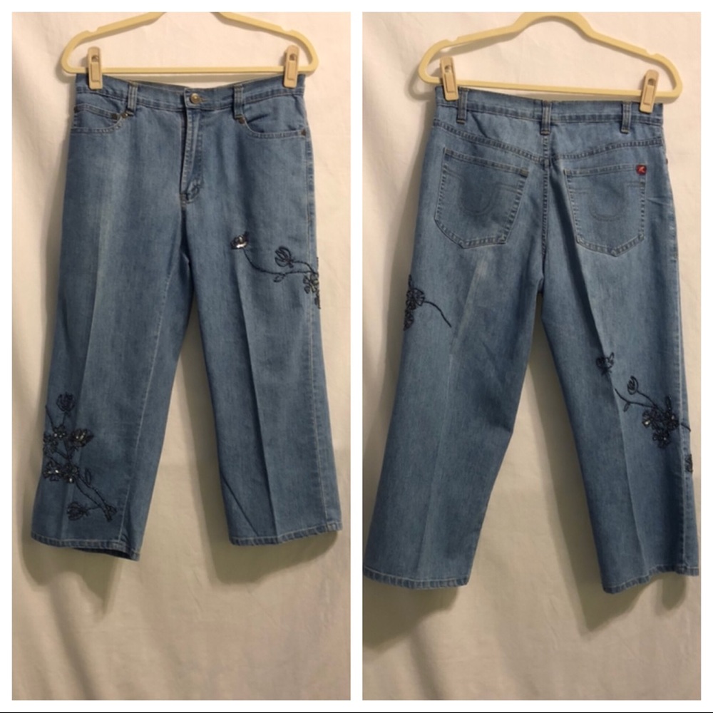 24 Karat Embroidered Cropped Capri Jeans